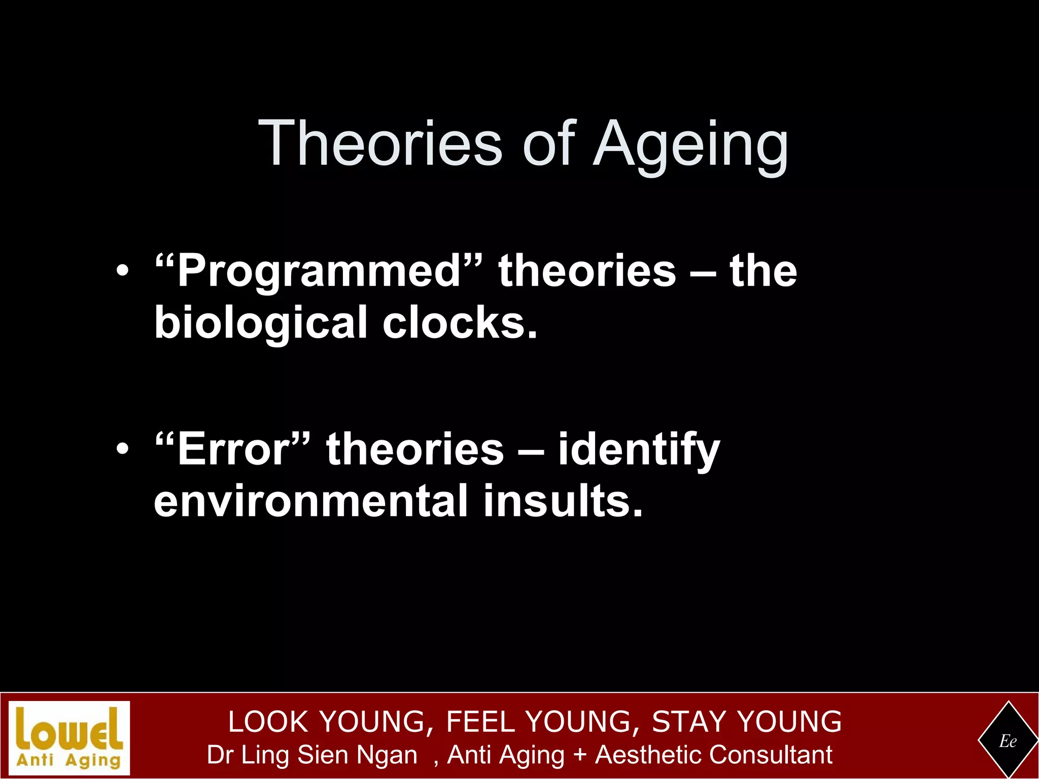 Theories of Ageing “ Programmed” theories – the biological clocks. “ Error” theories – identify environmental insults. Ee 
