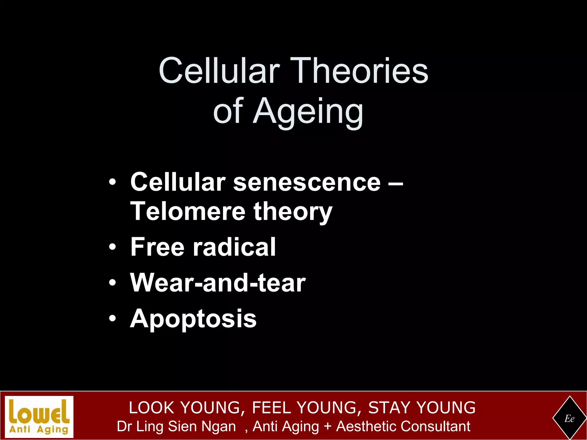 Cellular Theories of Ageing Cellular senescence – Telomere theory Free radical Wear-and-tear Apoptosis Ee 