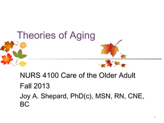 1
Theories of Aging
NURS 4100 Care of the Older Adult
Fall 2013
Joy A. Shepard, PhD(c), MSN, RN, CNE,
BC
 