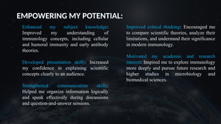 EMPOWERING MY POTENTIAL:
Enhanced my subject knowledge:
Improved my understanding of
immunology concepts, including cellular
and humoral immunity and early antibody
theories.
Developed presentation skills: Increased
my confidence in explaining scientific
concepts clearly to an audience.
Strengthened communication skills:
Helped me organize information logically
and speak effectively during discussions
and question-and-answer sessions.
Improved critical thinking: Encouraged me
to compare scientific theories, analyze their
limitations, and understand their significance
in modern immunology.
Motivated my academic and research
interest: Inspired me to explore immunology
more deeply and pursue future research and
higher studies in microbiology and
biomedical sciences.
 
