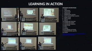 LEARNING IN ACTION
INNOVATIVE INFORMATIONS
1. SWOT
2. THIRUKURAL
3. PAZHAMOZHI
4. AATHICHUDI
5. INSPIRATIONAL QUOTES
6. YOUTH DEVELOPMENT QUOTES
7. MORAL STORY
8. STATE LEADER
9. IDIOMS
10. VOCABULARY (ENGLISH)
11. VOCABULARY (HINDI)
12. VOCABULARY (FRENCH)
13. HEALTH TIPS
14. YOGA
15. MUDRA
16. ECO FRIENDLY ACTIVITIES
17. ENVIRONMENTAL QUOTES
18. PLEDGE
https://www.instagram.com/reel/DbsuEZdMjIJ/?
igsh=anFuZWs2aTc1c3c2
 