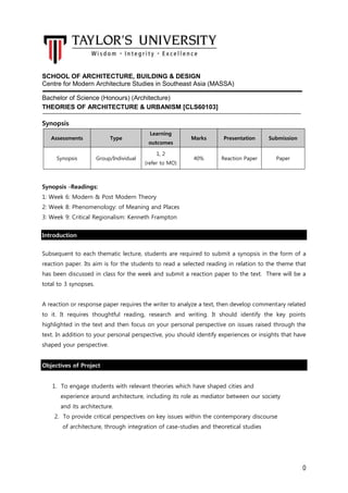 0
SCHOOL OF ARCHITECTURE, BUILDING & DESIGN
Centre for Modern Architecture Studies in Southeast Asia (MASSA)
Bachelor of Science (Honours) (Architecture)
THEORIES OF ARCHITECTURE & URBANISM [CLS60103]
Synopsis
Assessments Type
Learning
outcomes
Marks Presentation Submission
Synopsis Group/Individual
1, 2
(refer to MO)
40% Reaction Paper Paper
Synopsis -Readings:
1: Week 6: Modern & Post Modern Theory
2: Week 8: Phenomenology: of Meaning and Places
3: Week 9: Critical Regionalism: Kenneth Frampton
Introduction
Subsequent to each thematic lecture, students are required to submit a synopsis in the form of a
reaction paper. Its aim is for the students to read a selected reading in relation to the theme that
has been discussed in class for the week and submit a reaction paper to the text. There will be a
total to 3 synopses.
A reaction or response paper requires the writer to analyze a text, then develop commentary related
to it. It requires thoughtful reading, research and writing. It should identify the key points
highlighted in the text and then focus on your personal perspective on issues raised through the
text. In addition to your personal perspective, you should identify experiences or insights that have
shaped your perspective.
Objectives of Project
1. To engage students with relevant theories which have shaped cities and
experience around architecture, including its role as mediator between our society
and its architecture.
2. To provide critical perspectives on key issues within the contemporary discourse
of architecture, through integration of case-studies and theoretical studies
 