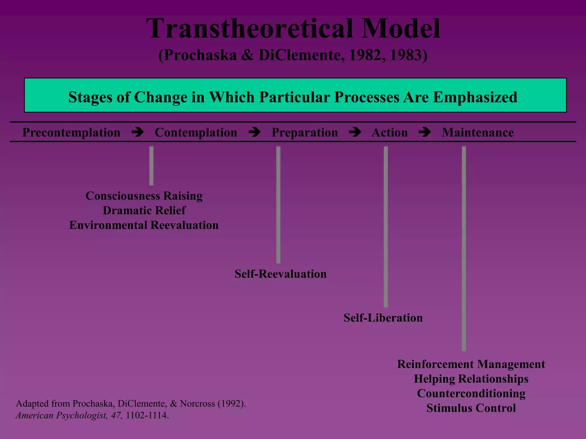 Transtheoretical Model
(Prochaska & DiClemente, 1982, 1983)
Stages of Change in Which Particular Processes Are Emphasized
Consciousness Raising
Dramatic Relief
Environmental Reevaluation
Adapted from Prochaska, DiClemente, & Norcross (1992).
American Psychologist, 47, 1102-1114.
Self-Reevaluation
Self-Liberation
Reinforcement Management
Helping Relationships
Counterconditioning
Stimulus Control
Precontemplation  Contemplation  Preparation  Action  Maintenance
 