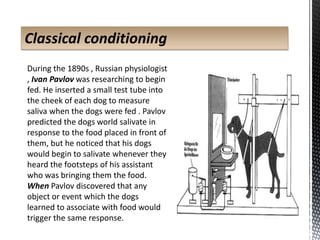 Classical conditioning
During the 1890s , Russian physiologist
, Ivan Pavlov was researching to begin
fed. He inserted a small test tube into
the cheek of each dog to measure
saliva when the dogs were fed . Pavlov
predicted the dogs world salivate in
response to the food placed in front of
them, but he noticed that his dogs
would begin to salivate whenever they
heard the footsteps of his assistant
who was bringing them the food.
When Pavlov discovered that any
object or event which the dogs
learned to associate with food would
trigger the same response.
 