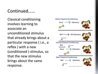 Classical conditioning
involves learning to
associate an
unconditioned stimulus
that already brings about a
particular response ( i.e., a
reflex ) with a new
(conditioned ) stimulus, so
that the new stimulus
brings about the same
response.
Continued……
 