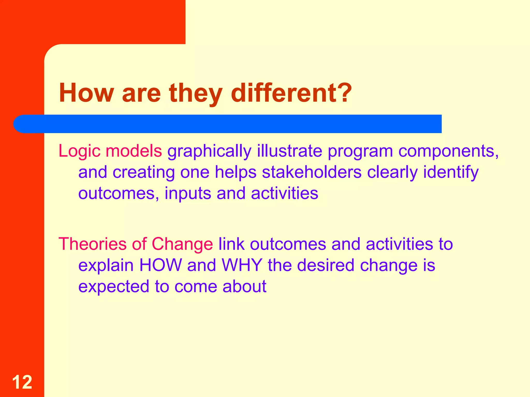 How are they different?

     Logic models graphically illustrate program components,
       and creating one helps stakeholders clearly identify
       outcomes, inputs and activities

     Theories of Change link outcomes and activities to
       explain HOW and WHY the desired change is
       expected to come about




12
 
