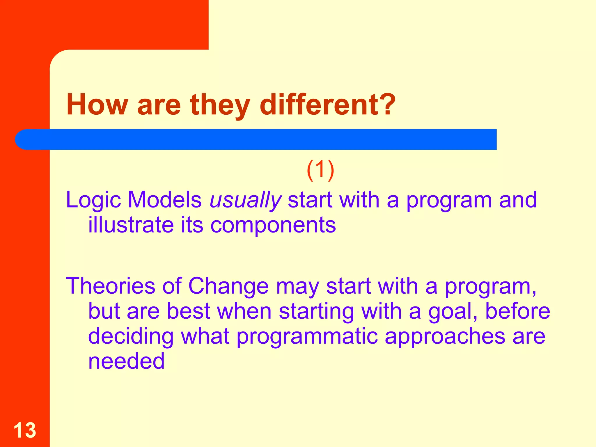 How are they different?

                             (1)
     Logic Models usually start with a program and
       illustrate its components

     Theories of Change may start with a program,
       but are best when starting with a goal, before
       deciding what programmatic approaches are
       needed

13
 