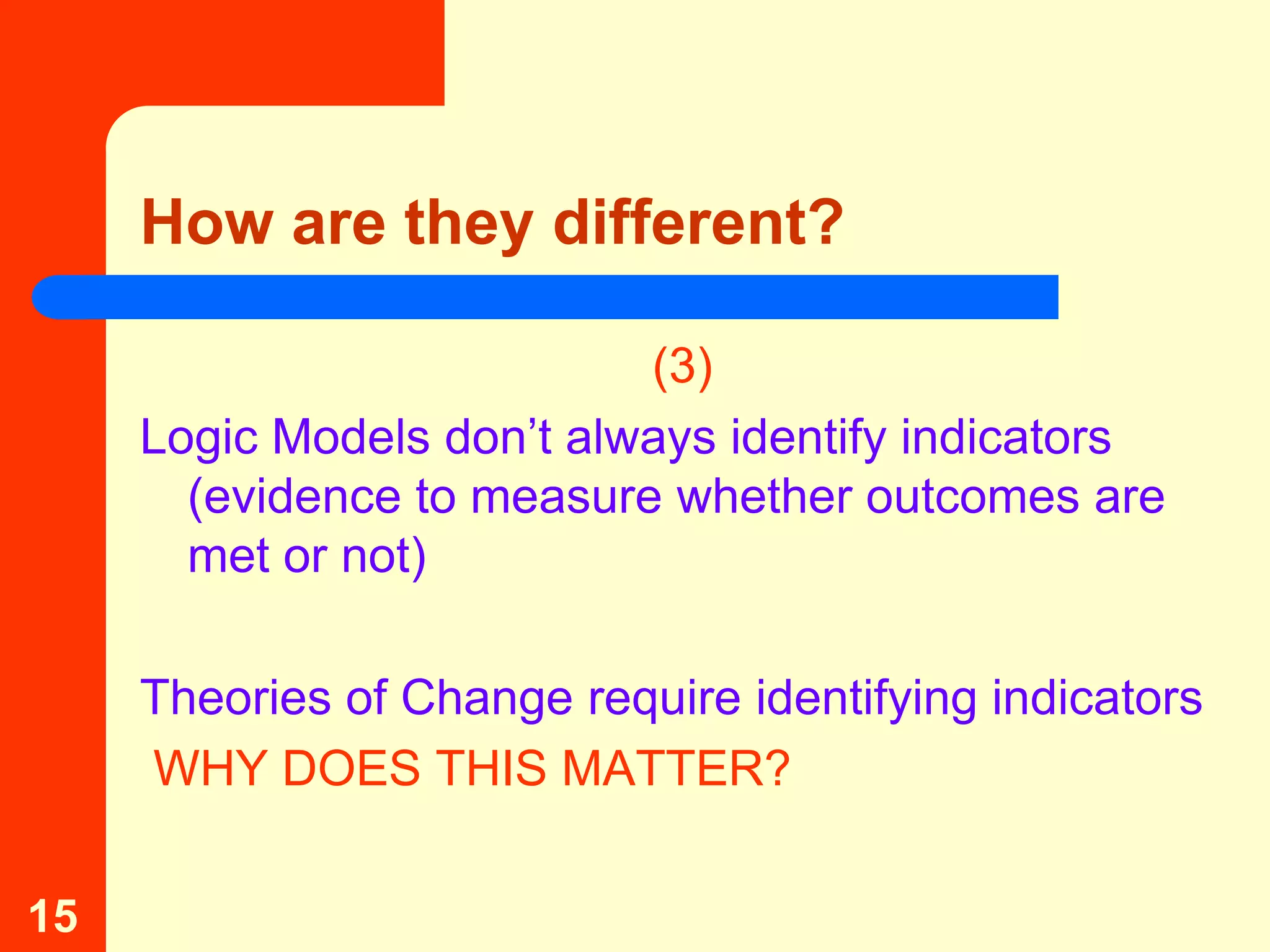 How are they different?

                           (3)
     Logic Models don’t always identify indicators
       (evidence to measure whether outcomes are
       met or not)

     Theories of Change require identifying indicators
     WHY DOES THIS MATTER?

15
 