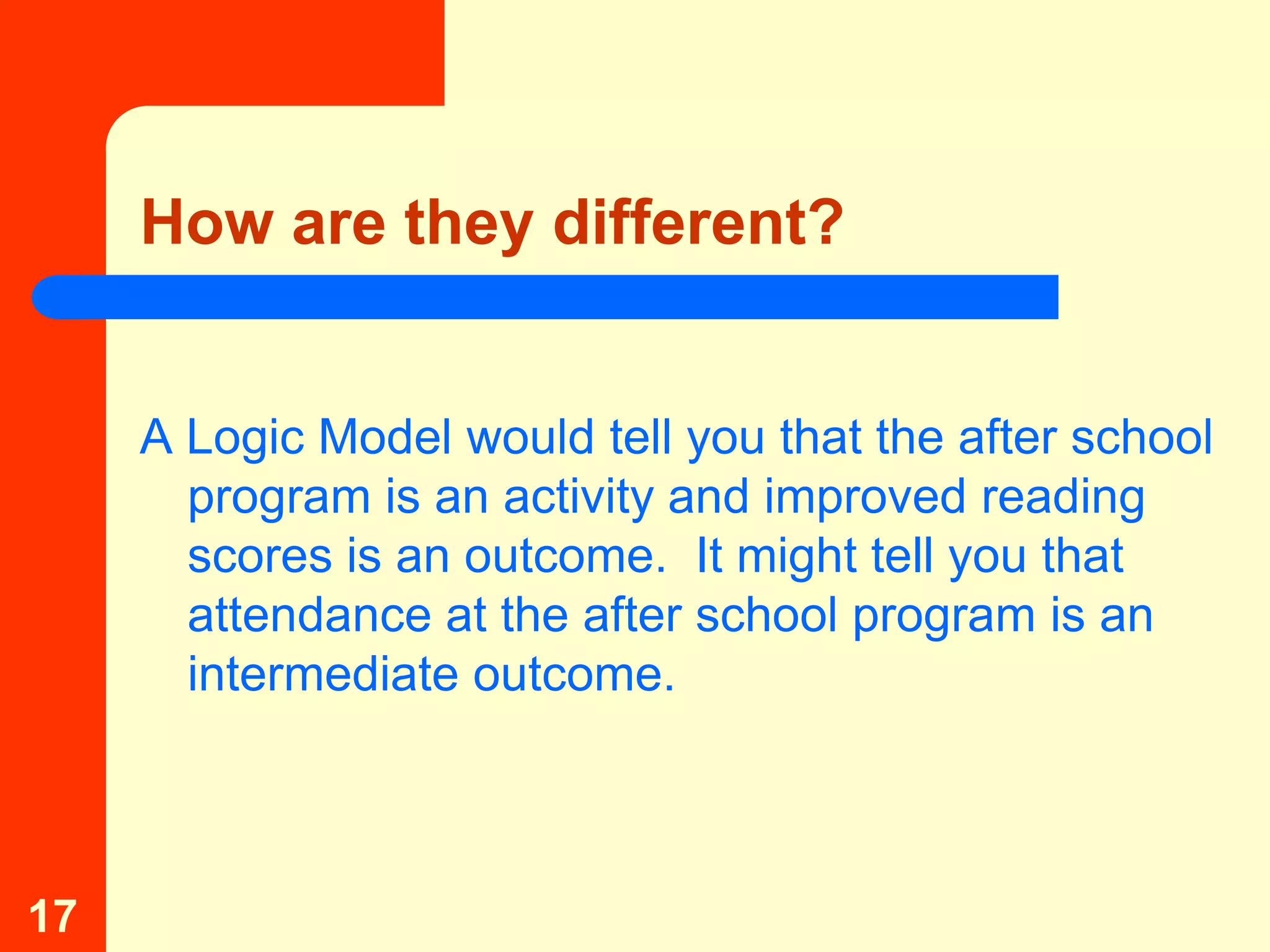 How are they different?


     A Logic Model would tell you that the after school
       program is an activity and improved reading
       scores is an outcome. It might tell you that
       attendance at the after school program is an
       intermediate outcome.



17
 