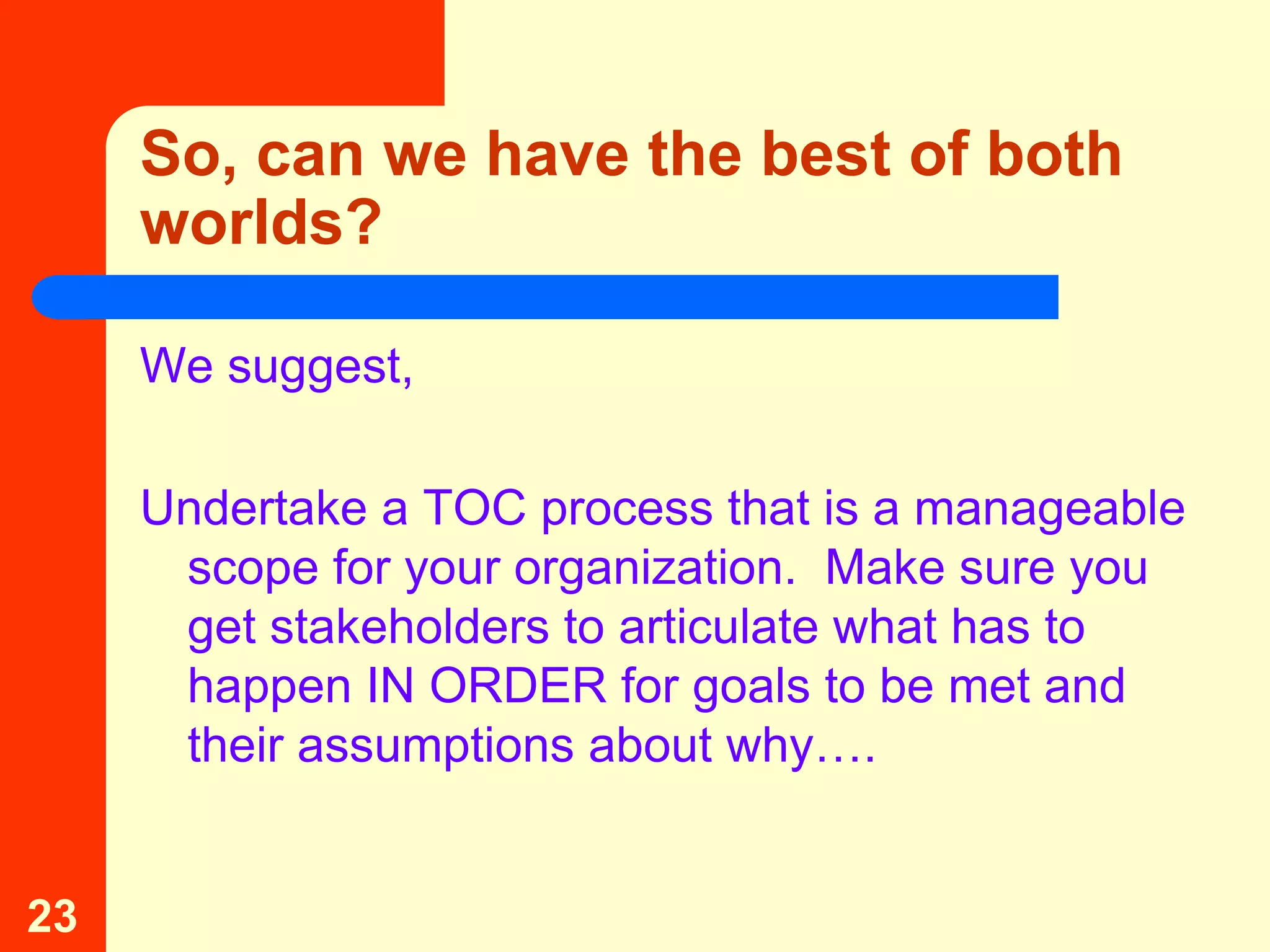 So, can we have the best of both
     worlds?

     We suggest,

     Undertake a TOC process that is a manageable
      scope for your organization. Make sure you
      get stakeholders to articulate what has to
      happen IN ORDER for goals to be met and
      their assumptions about why….


23
 