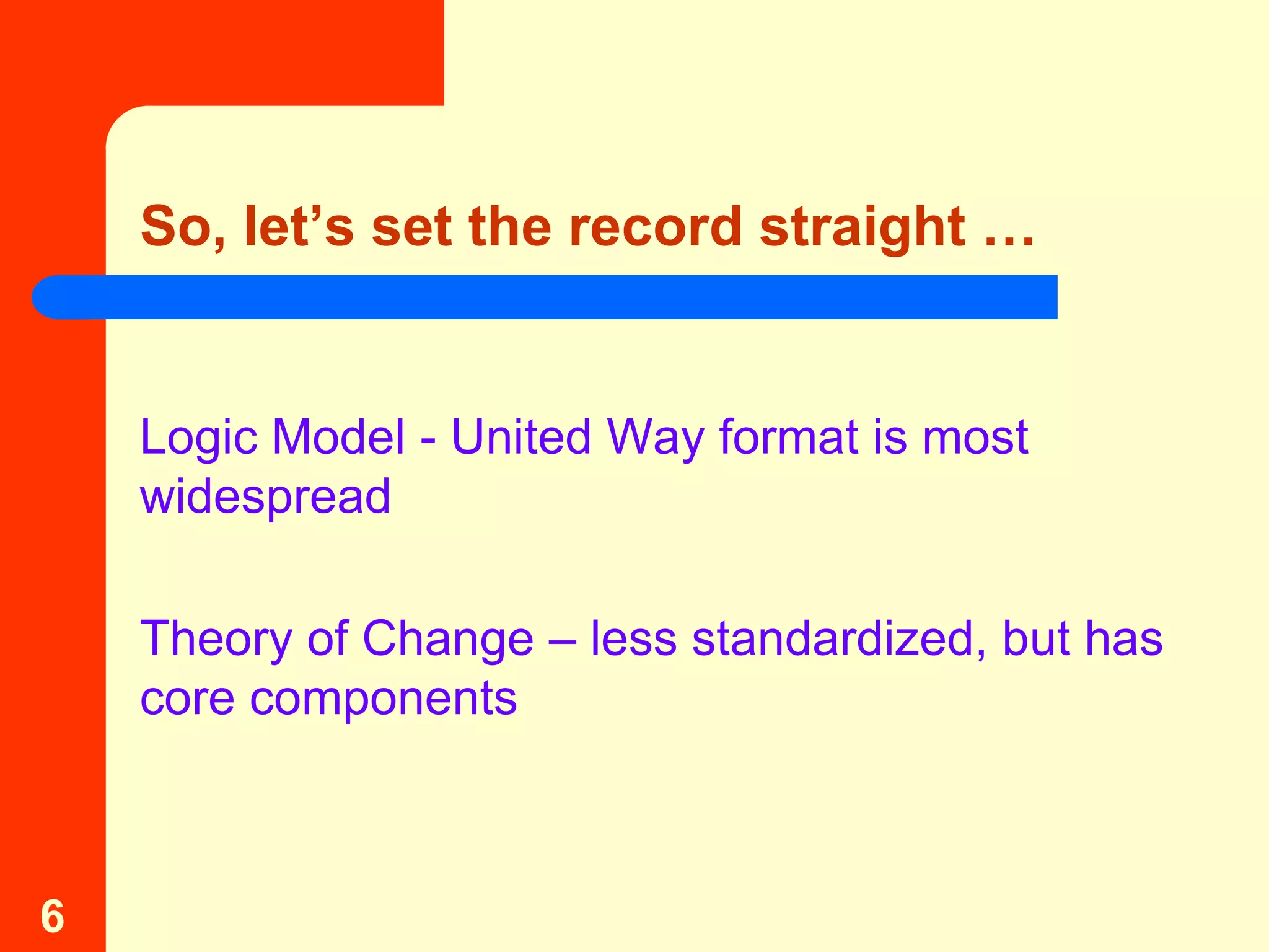 So, let’s set the record straight …


    Logic Model - United Way format is most
    widespread

    Theory of Change – less standardized, but has
    core components



6
 