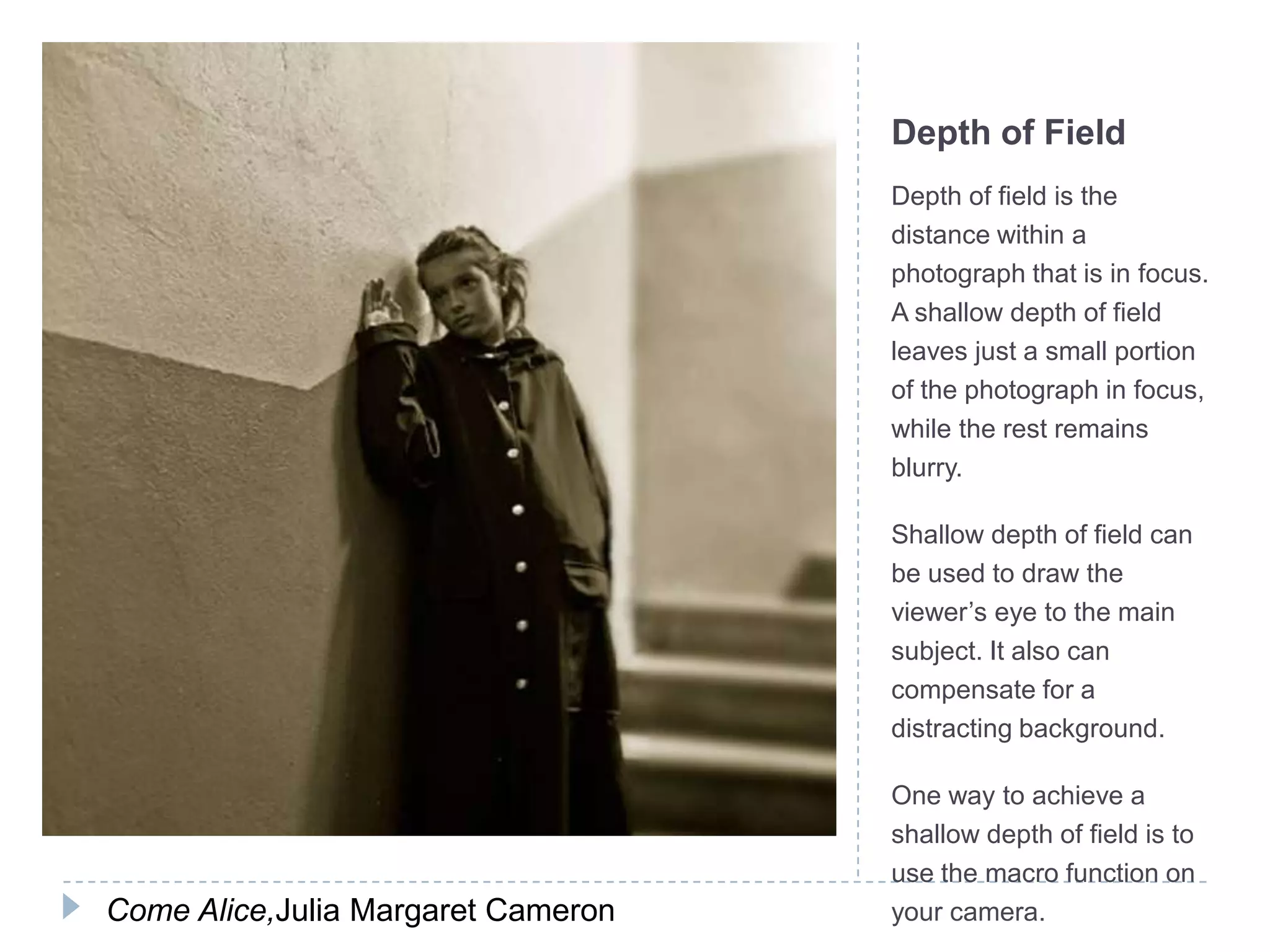 Depth of Field
                                    Depth of field is the
                                    distance within a
                                    photograph that is in focus.
                                    A shallow depth of field
                                    leaves just a small portion
                                    of the photograph in focus,
                                    while the rest remains
                                    blurry.

                                    Shallow depth of field can
                                    be used to draw the
                                    viewer’s eye to the main
                                    subject. It also can
                                    compensate for a
                                    distracting background.

                                    One way to achieve a
                                    shallow depth of field is to
                                    use the macro function on
Come Alice,Julia Margaret Cameron   your camera.
 