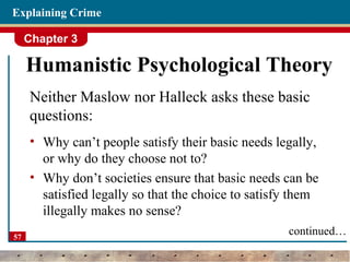 Chapter 3
57
Explaining Crime
Humanistic Psychological Theory
Neither Maslow nor Halleck asks these basic
questions:
• Why can’t people satisfy their basic needs legally,
or why do they choose not to?
• Why don’t societies ensure that basic needs can be
satisfied legally so that the choice to satisfy them
illegally makes no sense?
continued…
 