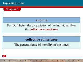 Chapter 3
63
Explaining Crime
anomie
For Durkheim, the dissociation of the individual from
the collective conscience.
collective conscience
The general sense of morality of the times.
 