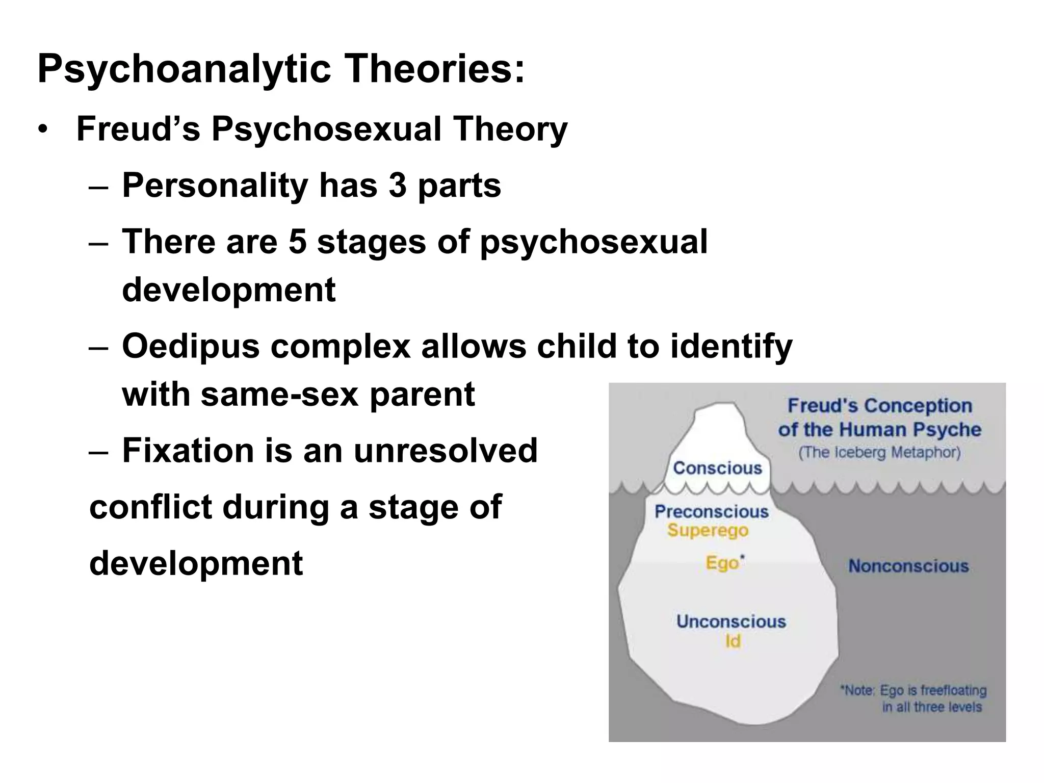 Psychoanalytic Theories:
• Freud’s Psychosexual Theory
– Personality has 3 parts
– There are 5 stages of psychosexual
development
– Oedipus complex allows child to identify
with same-sex parent
– Fixation is an unresolved
conflict during a stage of
development
 