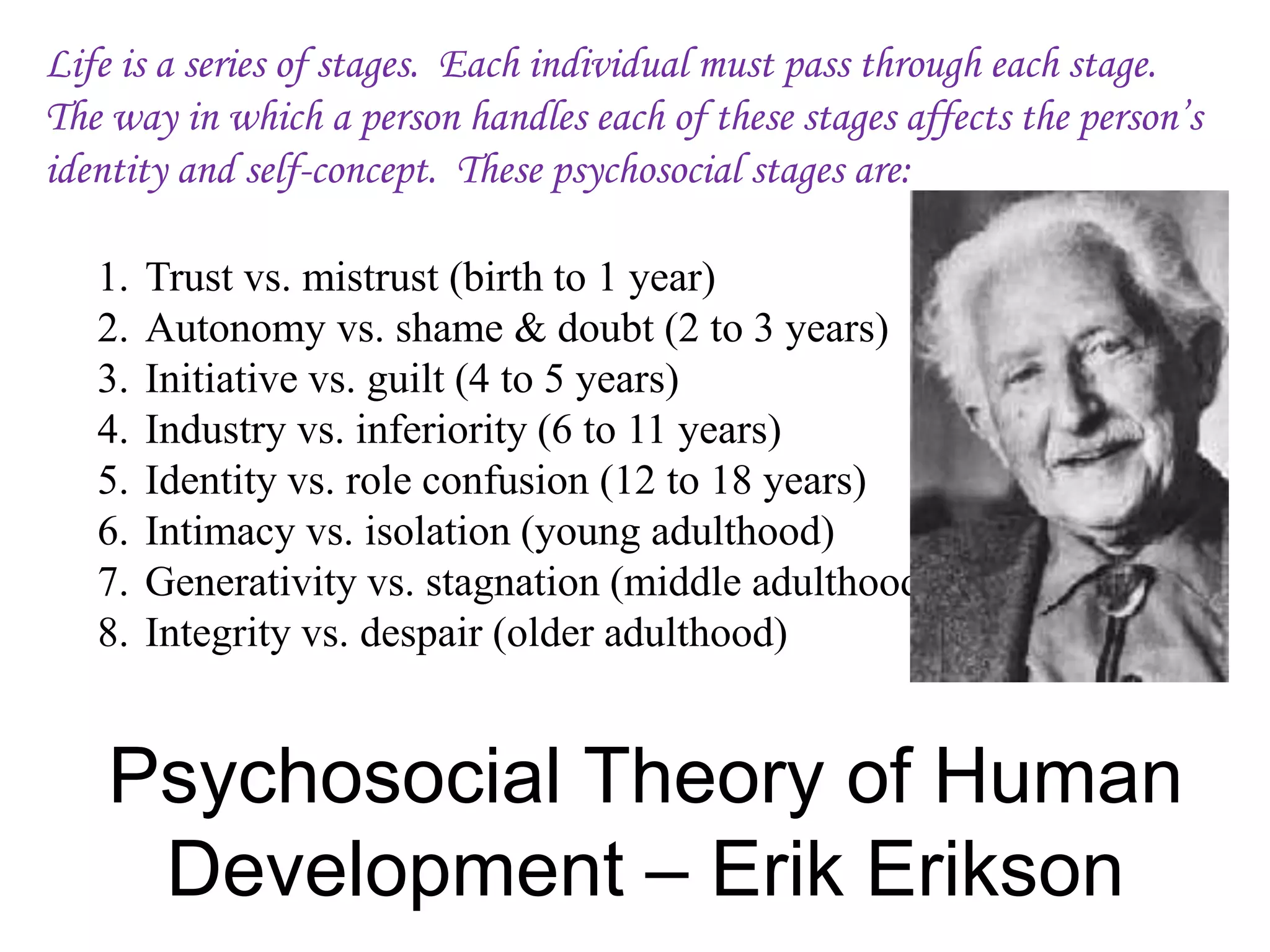 Life is a series of stages. Each individual must pass through each stage.
The way in which a person handles each of these stages affects the person’s
identity and self-concept. These psychosocial stages are:
1. Trust vs. mistrust (birth to 1 year)
2. Autonomy vs. shame & doubt (2 to 3 years)
3. Initiative vs. guilt (4 to 5 years)
4. Industry vs. inferiority (6 to 11 years)
5. Identity vs. role confusion (12 to 18 years)
6. Intimacy vs. isolation (young adulthood)
7. Generativity vs. stagnation (middle adulthood)
8. Integrity vs. despair (older adulthood)
Psychosocial Theory of Human
Development – Erik Erikson
 