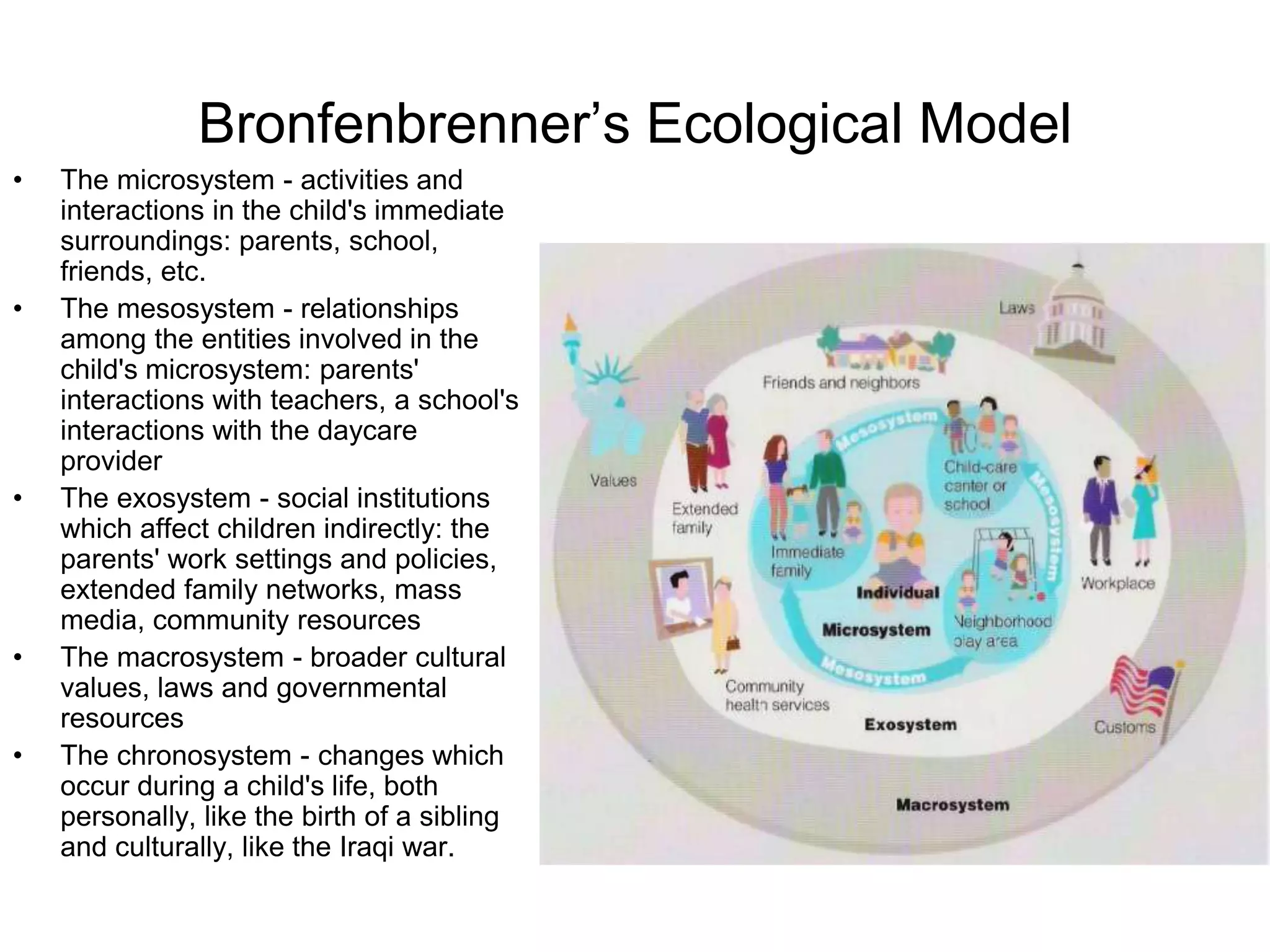 Bronfenbrenner’s Ecological Model
• The microsystem - activities and
interactions in the child's immediate
surroundings: parents, school,
friends, etc.
• The mesosystem - relationships
among the entities involved in the
child's microsystem: parents'
interactions with teachers, a school's
interactions with the daycare
provider
• The exosystem - social institutions
which affect children indirectly: the
parents' work settings and policies,
extended family networks, mass
media, community resources
• The macrosystem - broader cultural
values, laws and governmental
resources
• The chronosystem - changes which
occur during a child's life, both
personally, like the birth of a sibling
and culturally, like the Iraqi war.
 