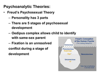 Psychoanalytic Theories:
• Freud’s Psychosexual Theory
– Personality has 3 parts
– There are 5 stages of psychosexual
development
– Oedipus complex allows child to identify
with same-sex parent
– Fixation is an unresolved
conflict during a stage of
development
 