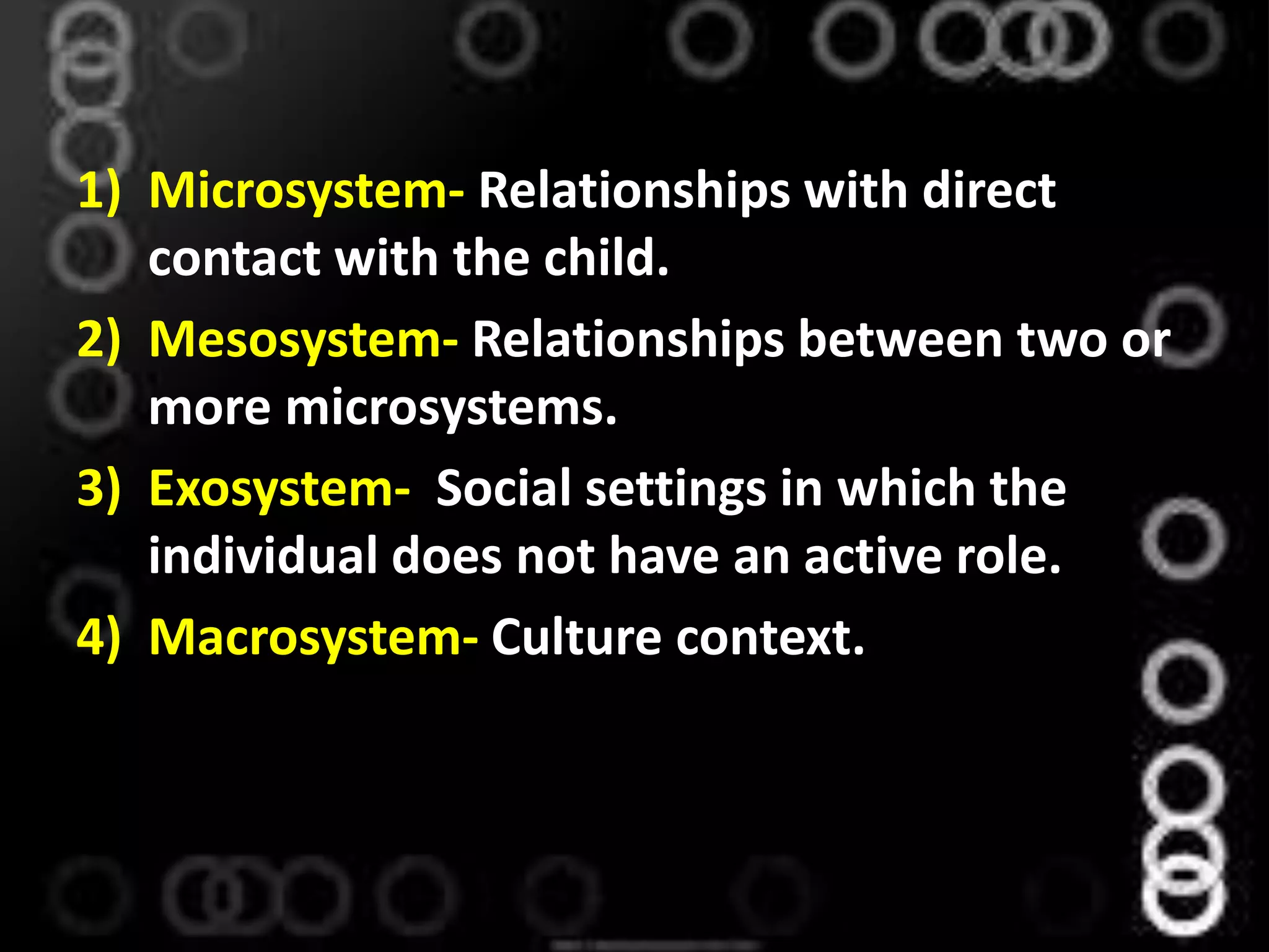 1) Microsystem- Relationships with direct
contact with the child.
2) Mesosystem- Relationships between two or
more microsystems.
3) Exosystem- Social settings in which the
individual does not have an active role.
4) Macrosystem- Culture context.
 
