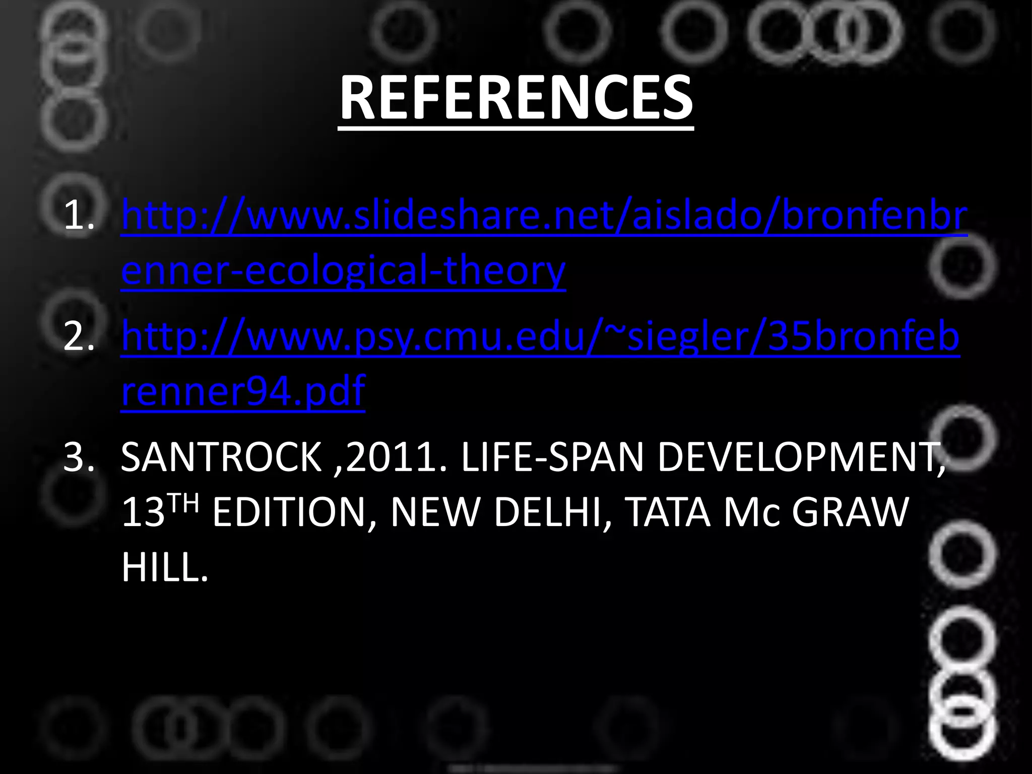 REFERENCES
1. http://www.slideshare.net/aislado/bronfenbr
enner-ecological-theory
2. http://www.psy.cmu.edu/~siegler/35bronfeb
renner94.pdf
3. SANTROCK ,2011. LIFE-SPAN DEVELOPMENT,
13TH EDITION, NEW DELHI, TATA Mc GRAW
HILL.
 