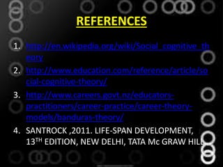REFERENCES
1. http://en.wikipedia.org/wiki/Social_cognitive_th
eory
2. http://www.education.com/reference/article/so
cial-cognitive-theory/
3. http://www.careers.govt.nz/educators-
practitioners/career-practice/career-theory-
models/banduras-theory/
4. SANTROCK ,2011. LIFE-SPAN DEVELOPMENT,
13TH EDITION, NEW DELHI, TATA Mc GRAW HILL.
 