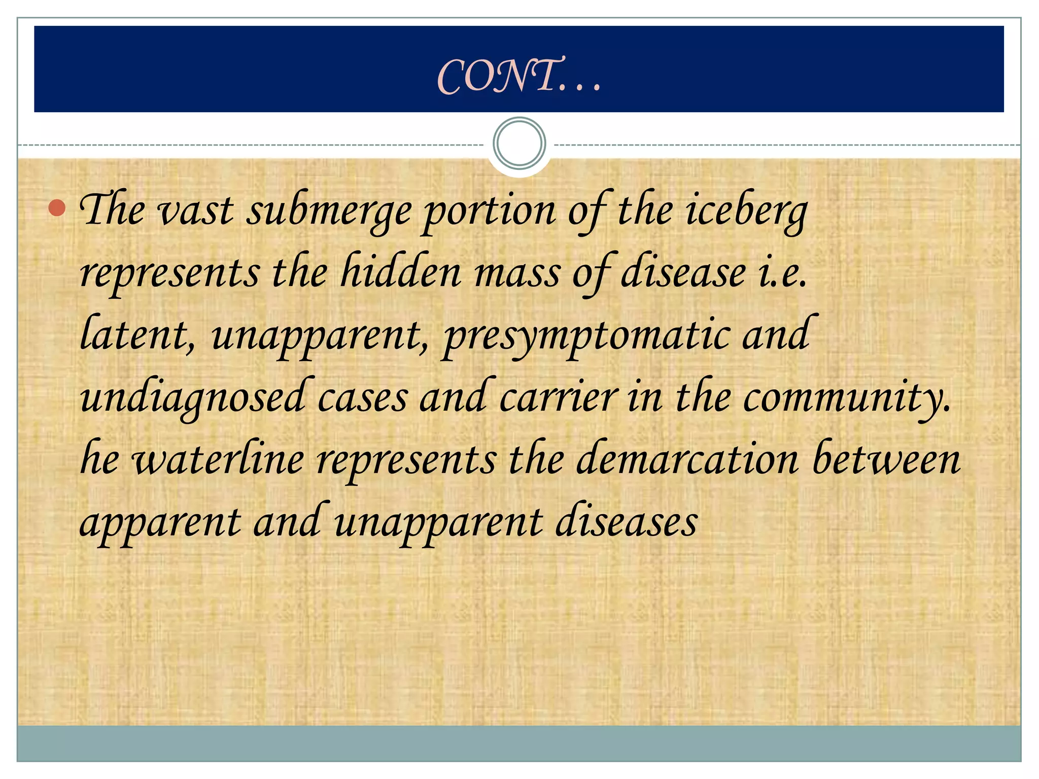 CONT…

 The vast submerge portion of the iceberg
 represents the hidden mass of disease i.e.
 latent, unapparent, presymptomatic and
 undiagnosed cases and carrier in the community.
 he waterline represents the demarcation between
 apparent and unapparent diseases
 