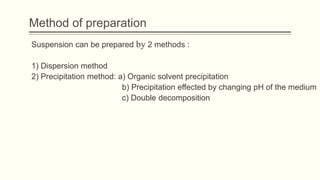 Method of preparation
Suspension can be prepared by 2 methods :
1) Dispersion method
2) Precipitation method: a) Organic solvent precipitation
b) Precipitation effected by changing pH of the medium
c) Double decomposition
 
