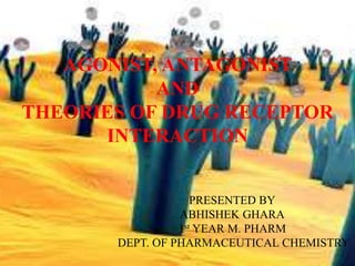 AGONIST, ANTAGONIST
AND
THEORIES OF DRUG RECEPTOR
INTERACTION
PRESENTED BY
ABHISHEK GHARA
1st YEAR M. PHARM
DEPT. OF PHARMACEUTICAL CHEMISTRY
 