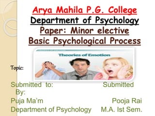 Arya Mahila P.G. College
Department of Psychology
Paper: Minor elective
Basic Psychological Process
Topic:
Submitted to: Submitted
By:
Puja Ma’m Pooja Rai
Department of Psychology M.A. Ist Sem.
 