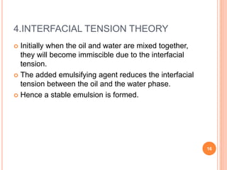 4.INTERFACIAL TENSION THEORY
 Initially when the oil and water are mixed together,
they will become immiscible due to the interfacial
tension.
 The added emulsifying agent reduces the interfacial
tension between the oil and the water phase.
 Hence a stable emulsion is formed.
16
 