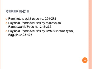 REFERENCE
 Remington, vol.1 page no: 264-272
 Physical Pharmaceutics by Manavalan
Ramaswami, Page no: 248-252
 Physical Pharmaceutics by CVS Subramanyam,
Page No:403-407
28
 