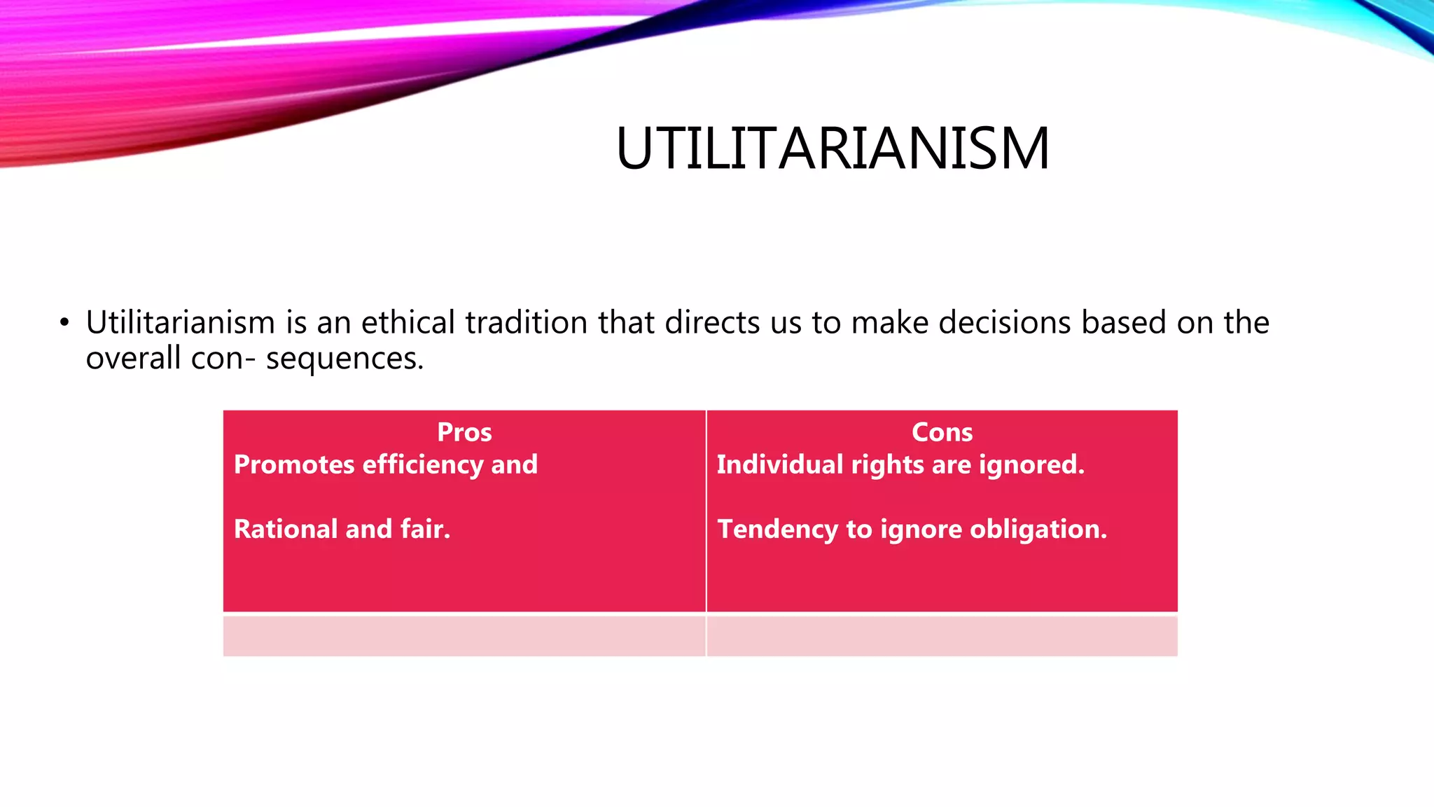 UTILITARIANISM
• Utilitarianism is an ethical tradition that directs us to make decisions based on the
overall con- sequences.
Pros
Promotes efficiency and
Rational and fair.
Cons
Individual rights are ignored.
Tendency to ignore obligation.