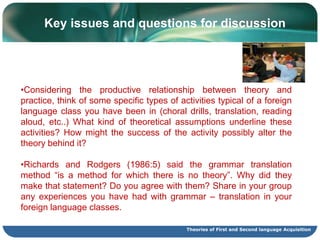 SLA and Related FieldsLinguistics  Cognitive psychology (psycholinguistics)Language teaching Cross-cultural communication Language planning/language policy	Theories of First and Second language Acquisition