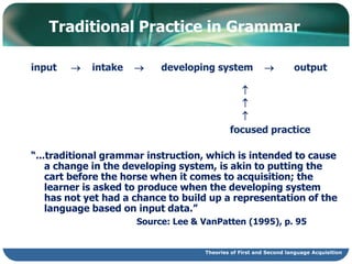 General issues in language learning research (L1 or L2)To what extent is language 'acquired' or 'learned'? What is being acquired?How do we know when and if it is acquired? How do we explain it?Theories of First and Second language Acquisition