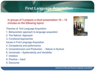Byusing a cautious, enlightened, eclecticapproach, you can build a theorybasedonprinciples of secondlanguagelearning and teaching.Theories of First and Second language Acquisition
