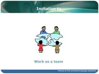 First Language AcquisitionIn groups of 3 prepare a short presentation 10 – 15 minutes onthefollowingtopics:Theories of  first Language Acquisition 1. Behavioristic approach to language acquisition2. TheNativistApproach3. FunctionalApproachesIssues in FirstLanguageAcquisition4. Competence and performance5. Comprehension and Production   - NatureorNurture6. Universals – Systematicity and Variability7. Imitation8. Practice – Input9. DiscourseTheories of First and Second language Acquisition