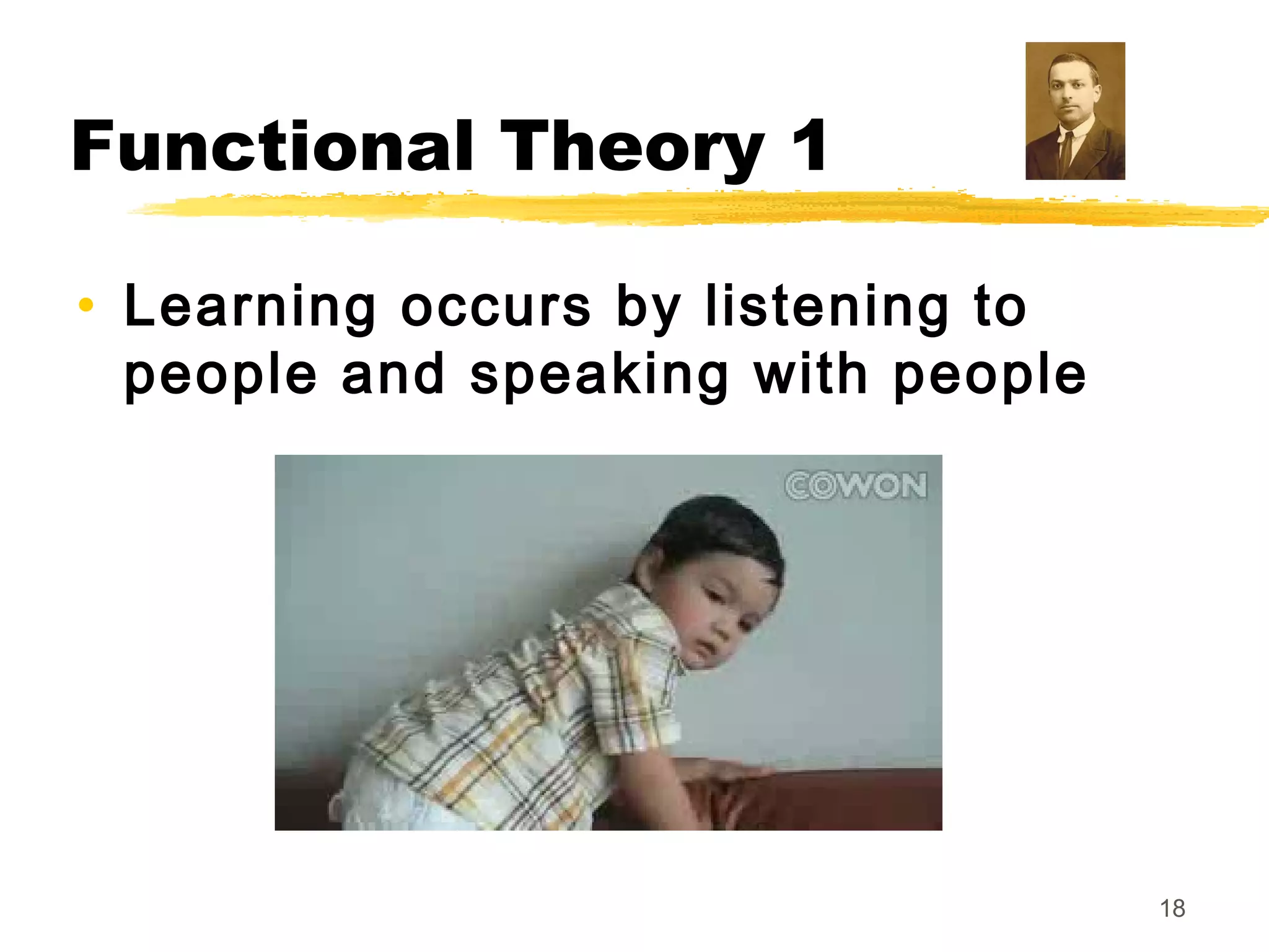 Functional Theory 1

• Learning occurs by listening to
  people and speaking with people




                                    18
 