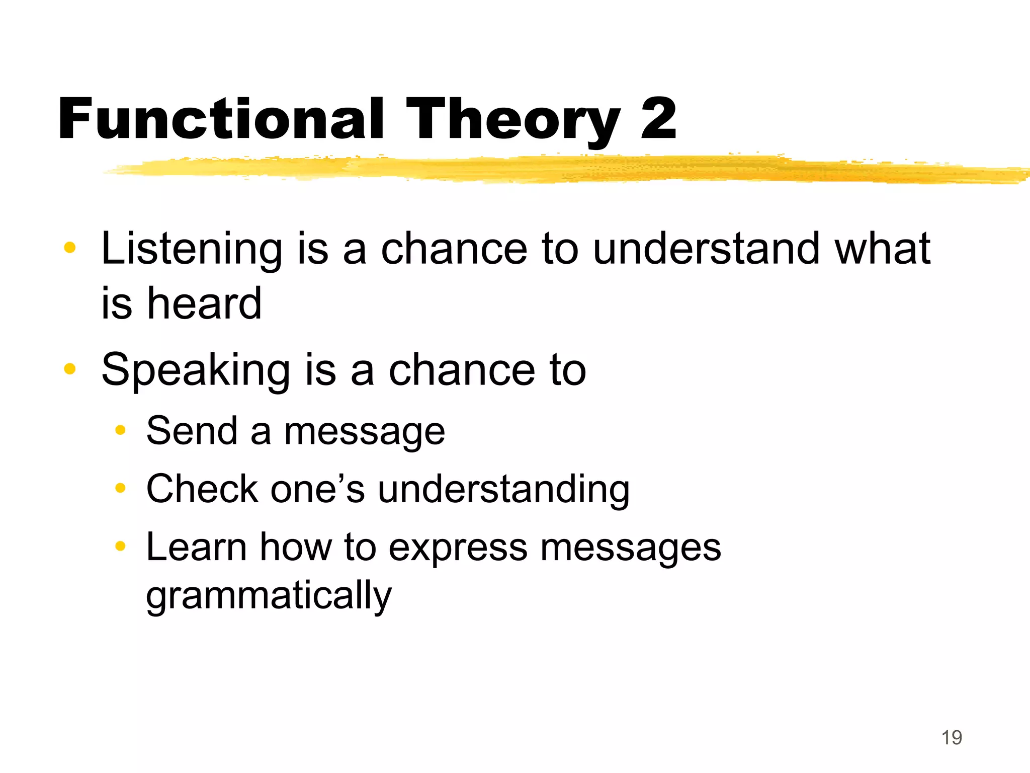Functional Theory 2

• Listening is a chance to understand what
  is heard
• Speaking is a chance to
  • Send a message
  • Check one’s understanding
  • Learn how to express messages
    grammatically


                                             19
 