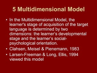 5 Multidimensional ModelIn the Multidimensional Model, the learner's stage of acquisition of the target language is determined by two dimensions: the learner’s developmental stage and the learner’s social-psychological orientation. Clahsen, Meisel & Pienemann, 1983 Larsen-Freeman & Long, Ellis, 1994 viewed this model 