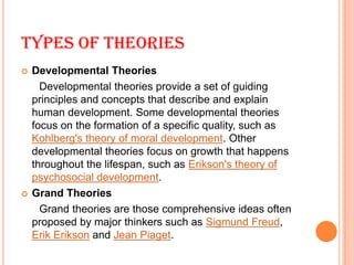 TYPES OF THEORIES
 Developmental Theories
Developmental theories provide a set of guiding
principles and concepts that de...