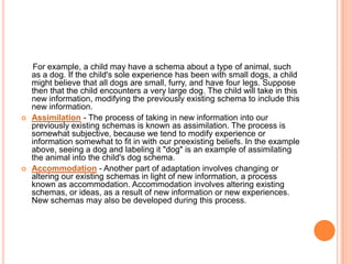 For example, a child may have a schema about a type of animal, such
as a dog. If the child's sole experience has been with...