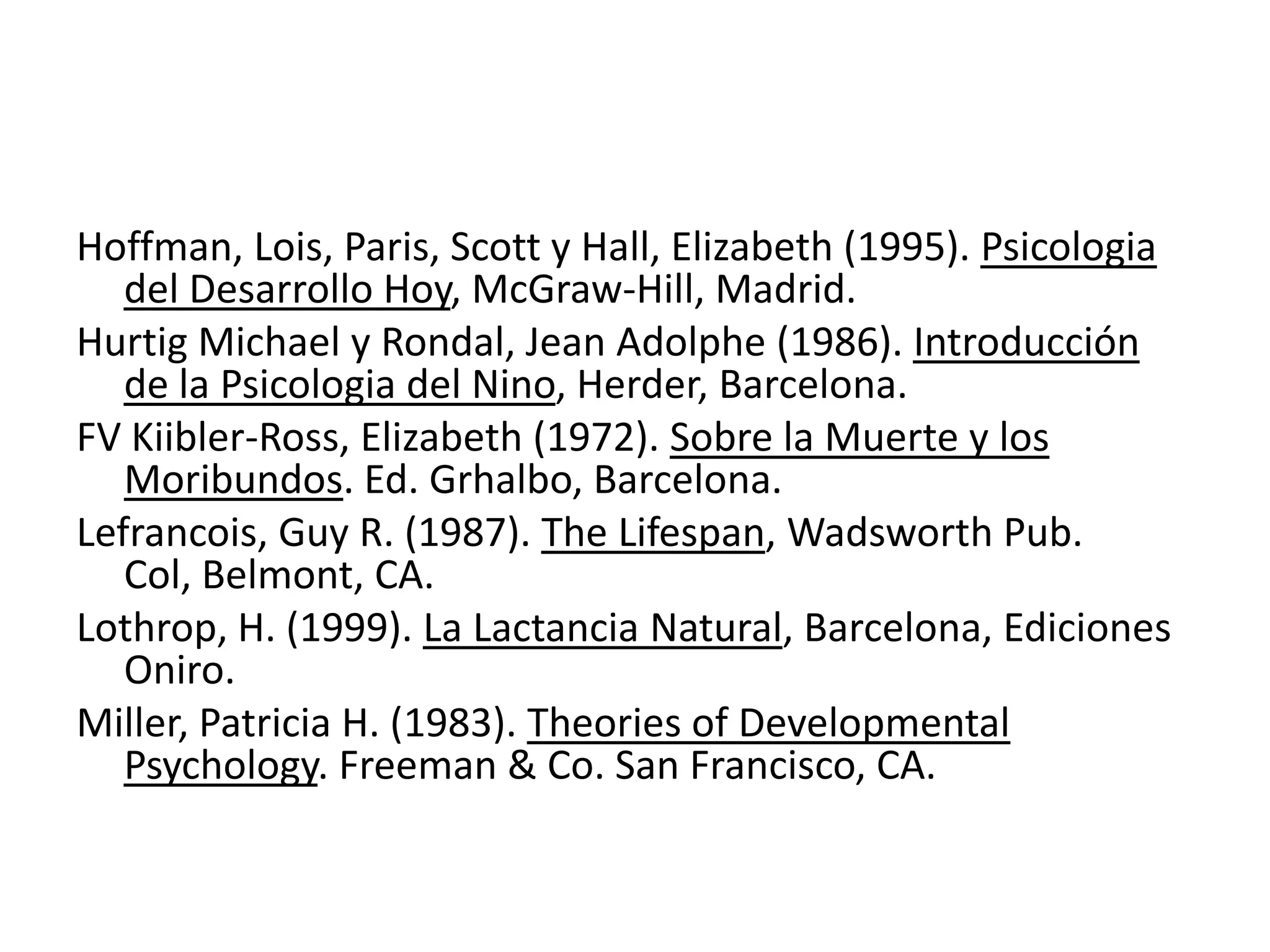 Hoffman, Lois, Paris, Scott y Hall, Elizabeth (1995). Psicologia
del Desarrollo Hoy, McGraw-Hill, Madrid.
Hurtig Michael y Rondal, Jean Adolphe (1986). Introducción
de la Psicologia del Nino, Herder, Barcelona.
FV Kiibler-Ross, Elizabeth (1972). Sobre la Muerte y los
Moribundos. Ed. Grhalbo, Barcelona.
Lefrancois, Guy R. (1987). The Lifespan, Wadsworth Pub.
Col, Belmont, CA.
Lothrop, H. (1999). La Lactancia Natural, Barcelona, Ediciones
Oniro.
Miller, Patricia H. (1983). Theories of Developmental
Psychology. Freeman & Co. San Francisco, CA.
 