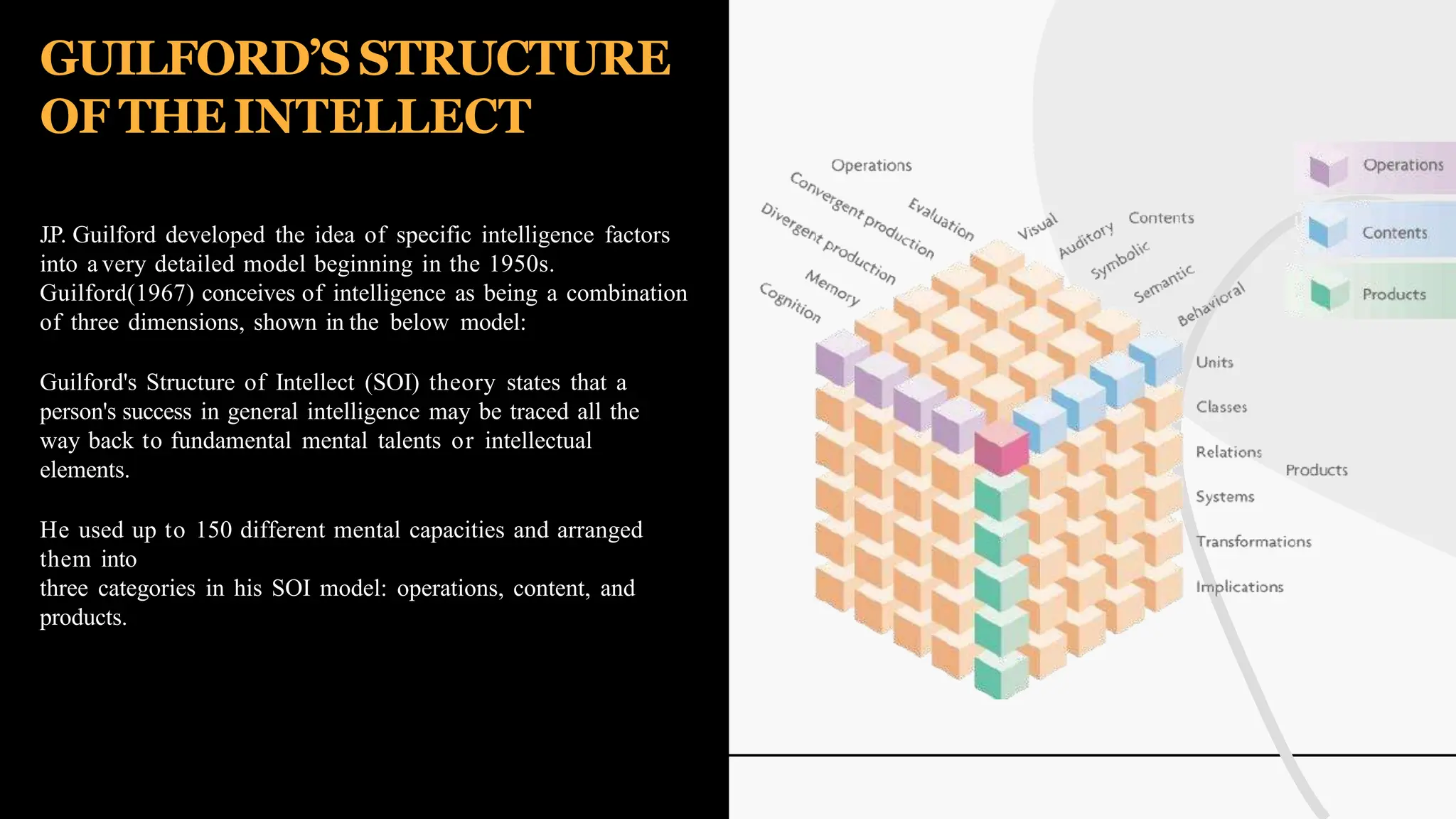 J.P. Guilford developed the idea of specific intelligence factors
into a very detailed model beginning in the 1950s.
Guilford(1967) conceives of intelligence as being a combination
of three dimensions, shown in the below model:
Guilford's Structure of Intellect (SOI) theory states that a
person's success in general intelligence may be traced all the
way back to fundamental mental talents or intellectual
elements.
He used up to 150 different mental capacities and arranged
them into
three categories in his SOI model: operations, content, and
products.
GUILFORD’S STRUCTURE
OF THEINTELLECT
 