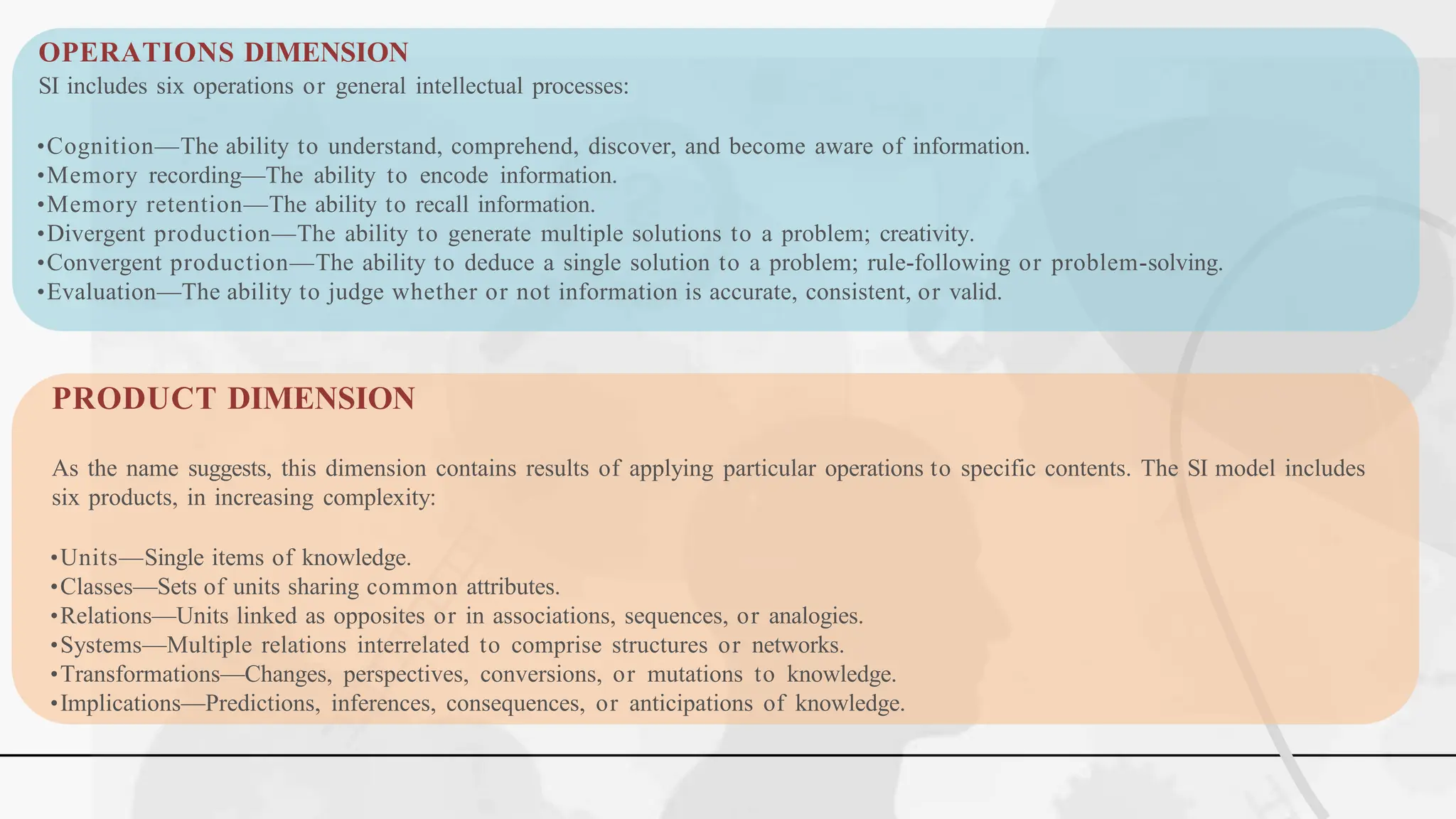 OPERATIONS DIMENSION
SI includes six operations or general intellectual processes:
•Cognition—The ability to understand, comprehend, discover, and become aware of information.
•Memory recording—The ability to encode information.
•Memory retention—The ability to recall information.
•Divergent production—The ability to generate multiple solutions to a problem; creativity.
•Convergent production—The ability to deduce a single solution to a problem; rule-following or problem-solving.
•Evaluation—The ability to judge whether or not information is accurate, consistent, or valid.
PRODUCT DIMENSION
As the name suggests, this dimension contains results of applying particular operations to specific contents. The SI model includes
six products, in increasing complexity:
•Units—Single items of knowledge.
•Classes—Sets of units sharing common attributes.
•Relations—Units linked as opposites or in associations, sequences, or analogies.
•Systems—Multiple relations interrelated to comprise structures or networks.
•Transformations—Changes, perspectives, conversions, or mutations to knowledge.
•Implications—Predictions, inferences, consequences, or anticipations of knowledge.
 