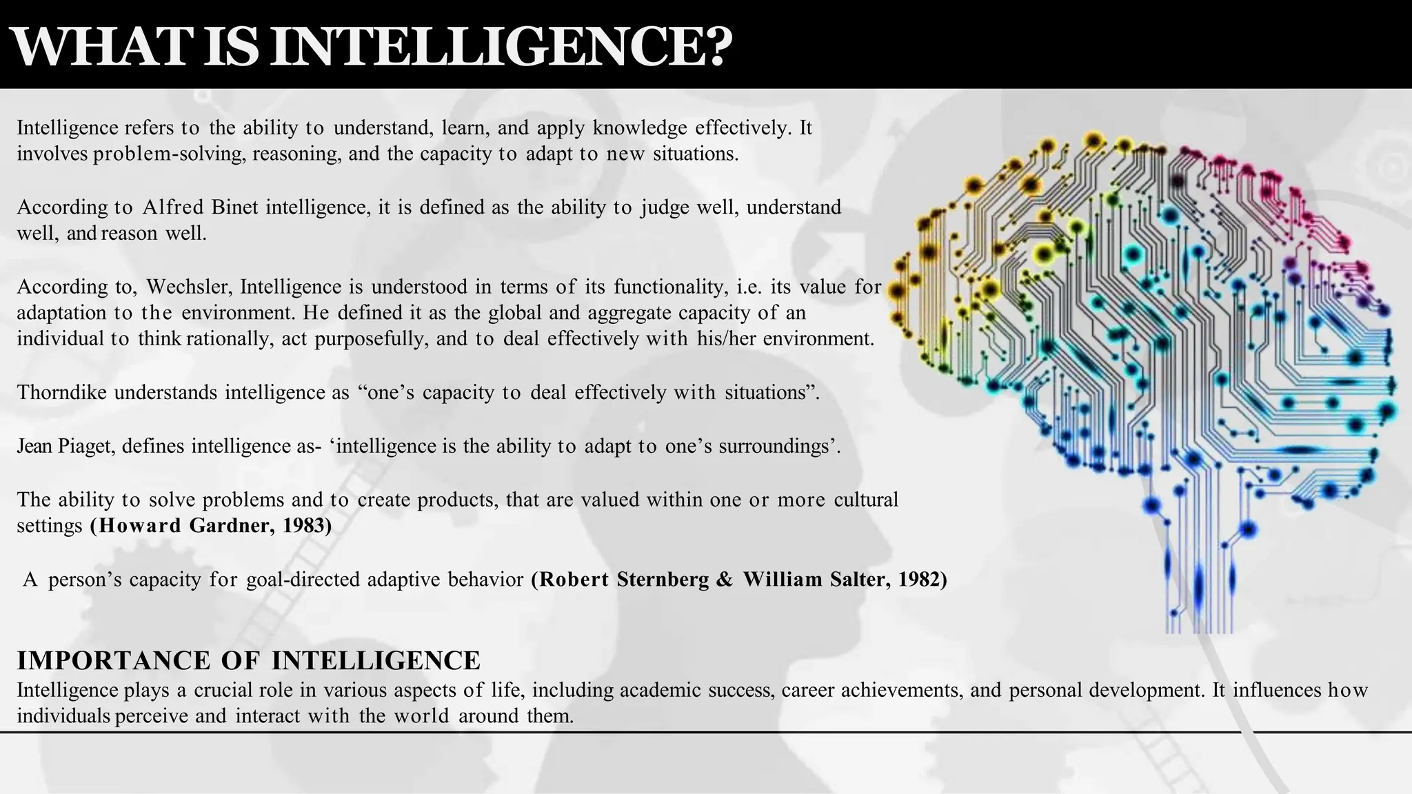 Intelligence refers to the ability to understand, learn, and apply knowledge effectively. It
involves problem-solving, reasoning, and the capacity to adapt to new situations.
According to Alfred Binet intelligence, it is defined as the ability to judge well, understand
well, and reason well.
According to, Wechsler, Intelligence is understood in terms of its functionality, i.e. its value for
adaptation to the environment. He defined it as the global and aggregate capacity of an
individual to think rationally, act purposefully, and to deal effectively with his/her environment.
Thorndike understands intelligence as “one’s capacity to deal effectively with situations”.
Jean Piaget, defines intelligence as- ‘intelligence is the ability to adapt to one’s surroundings’.
The ability to solve problems and to create products, that are valued within one or more cultural
settings (Howard Gardner, 1983)
A person’s capacity for goal-directed adaptive behavior (Robert Sternberg & William Salter, 1982)
IMPORTANCE OF INTELLIGENCE
Intelligence plays a crucial role in various aspects of life, including academic success, career achievements, and personal development. It influences how
individuals perceive and interact with the world around them.
WHAT ISINTELLIGENCE?
 