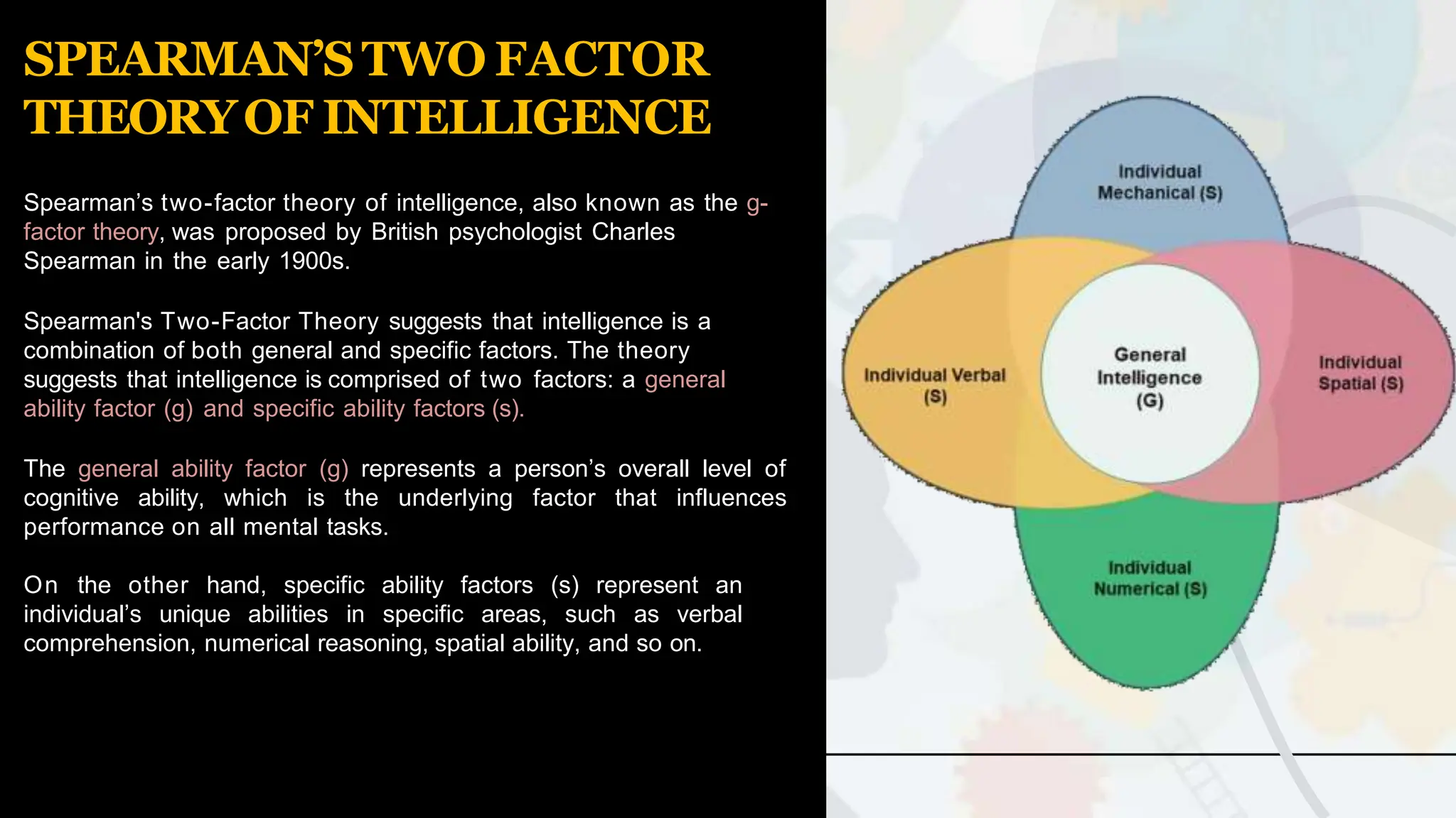 SPEARMAN’STWO FACTOR
THEORYOF INTELLIGENCE
Spearman’s two-factor theory of intelligence, also known as the g-
factor theory, was proposed by British psychologist Charles
Spearman in the early 1900s.
Spearman's Two-Factor Theory suggests that intelligence is a
combination of both general and specific factors. The theory
suggests that intelligence is comprised of two factors: a general
ability factor (g) and specific ability factors (s).
The general ability factor (g) represents a person’s overall level of
cognitive ability, which is the underlying factor that influences
performance on all mental tasks.
On the other hand, specific ability factors (s) represent an
individual’s unique abilities in specific areas, such as verbal
comprehension, numerical reasoning, spatial ability, and so on.
 