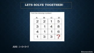 LETS SOLVE TOGETHER!
ANS : 1+3+3=7
 