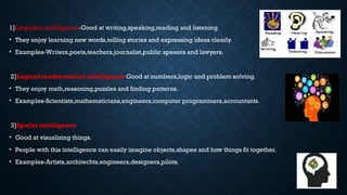 1]Linguistic intelligence-Good at writing,speaking,reading and listening.
• They enjoy learning new words,telling stories and expressing ideas clearly.
• Examples-Writers,poets,teachers,journalist,public speaers and lawyers.
2]Logical-mathematical intelligence-Good at numbers,logic and problem solving.
• They enjoy math,reasoning,puzzles and finding patterns.
• Examples-Scientists,mathematicians,engineers,computer programmers,accountants.
3]Spatial intelligence
• Good at visualizing things.
• People with this intelligence can easily imagine objects,shapes and how things fit together.
• Examples-Artists,architechts,engineers,designers,pilots.
 