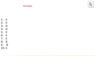 1. A
2. C
3. D
4. D
5. C
6. A
7. C
8. B
9. B
10. C
Ans keys.
 