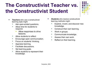 The Constructivist Teacher vs. the Constructivist Student Teachers  who use a constructivist learning style might: Ask open-ended questions. Allow time for students to respond. Allow responses to drive lessons. Allow students to reflect. Encourage open communication. Focus on students’ thinking. Appraise learning. Facilitate discussions. Set learning goals. Allow students to represent their knowledge. Students  who receive constructivist learning methods might: Explore, invent, and discover new knowledge. Construct their own learning. Work in groups. Communicate knowledge. Assess their own work. Reflect on their learning. 